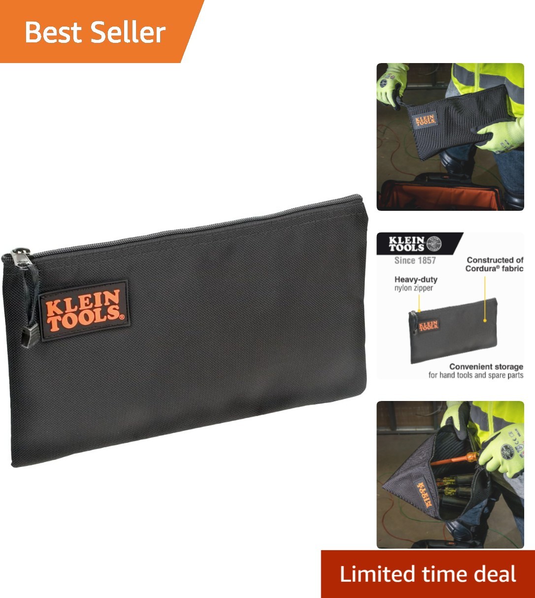 Klein Tools 12.5-Inch Cordura Nylon Zipper Bag – Heavy-Duty Tool Pouch in Black